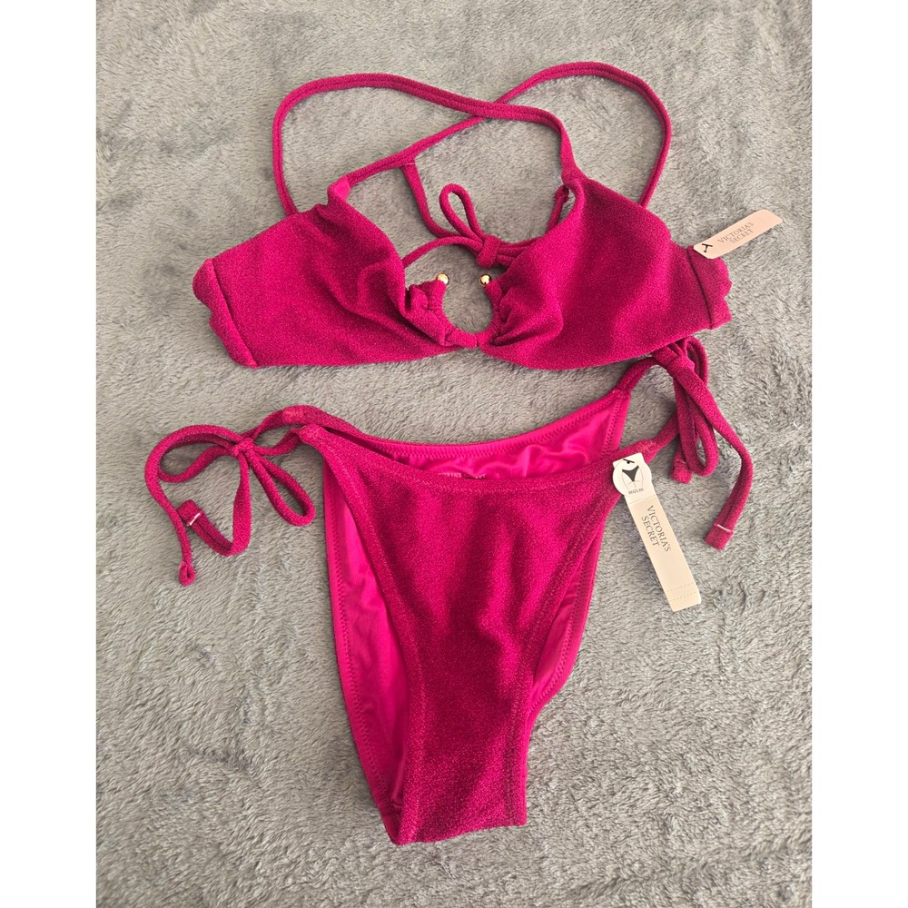 Victoria's Secret Brazilian SPARKLY Hot Pink/Fusia Two-Piece Bikini NWT Sz M $78